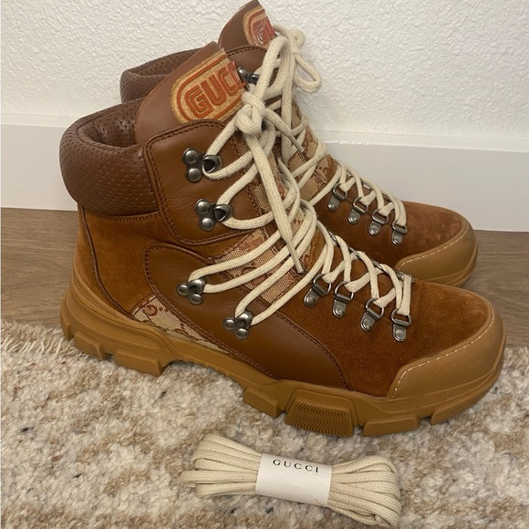Gucci Shoes - Gucci Brown Leather Hiking Boots with Cream Tongue